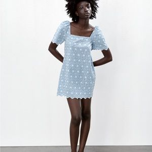zara openwork embroidered dress blue medium